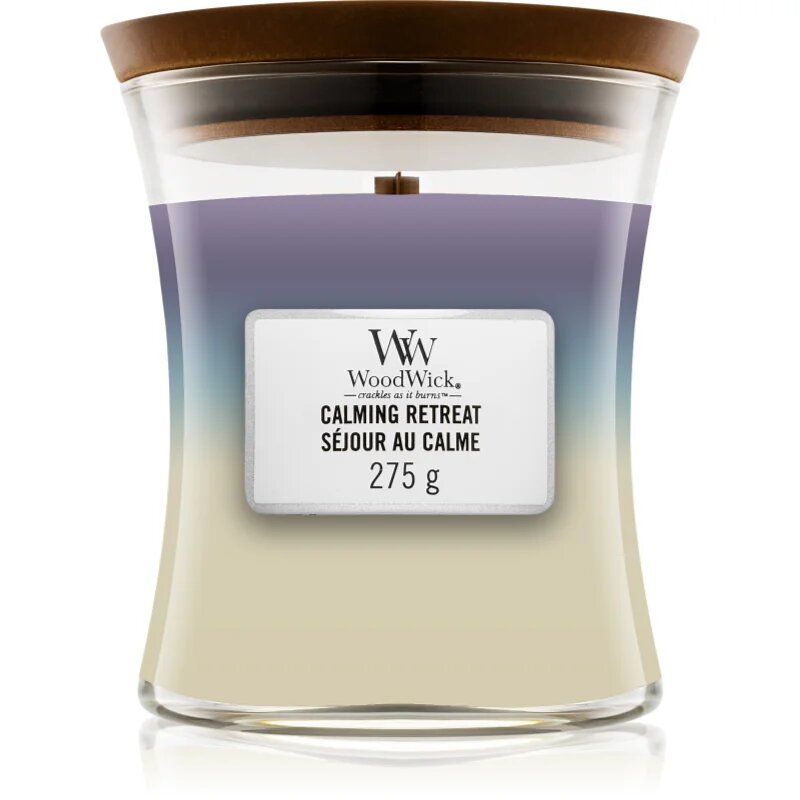 Woodwick Trilogy Calming Retreat dišeča sveča z lesenim stenjem 275 g