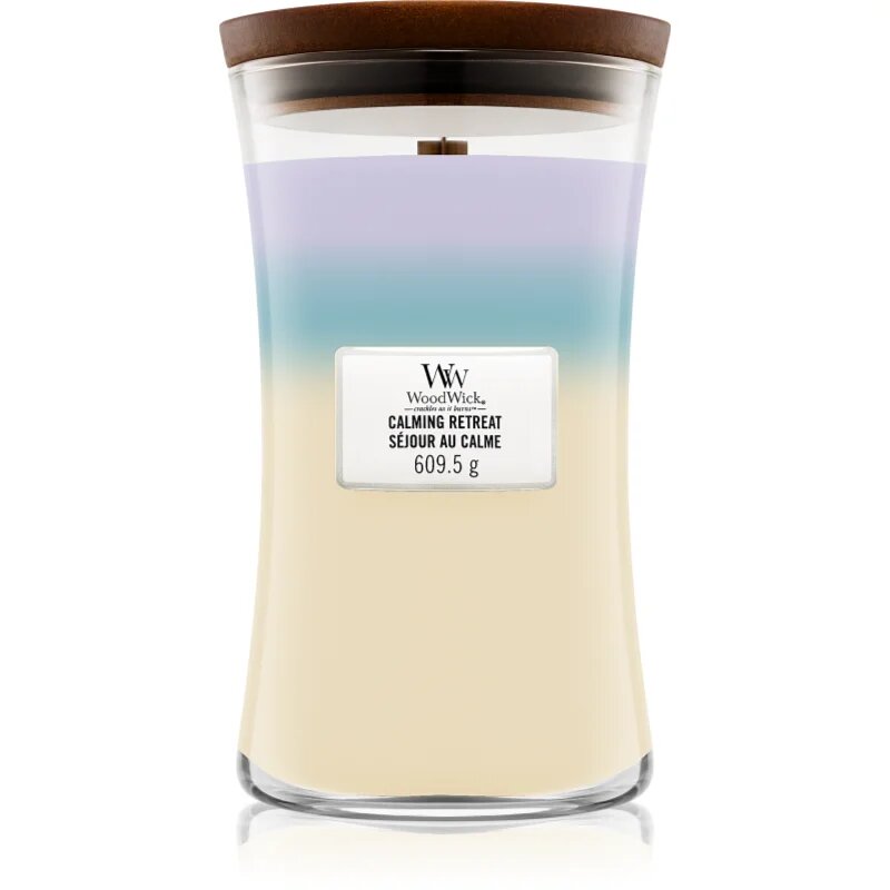 Woodwick Trilogy Calming Retreat dišeča sveča z lesenim stenjem 609.5 g