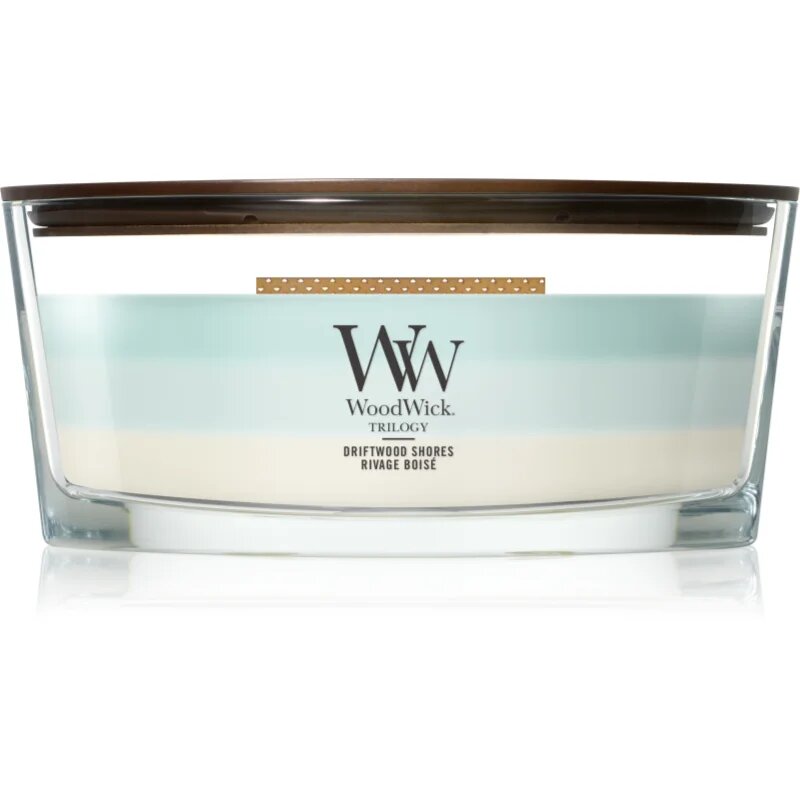Woodwick Trilogy Driftwood Shores dišeča sveča z lesenim stenjem 453.6 g