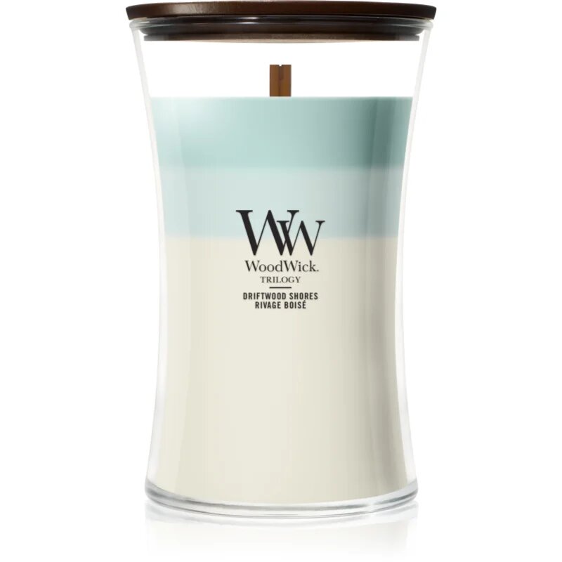 Woodwick Trilogy Driftwood Shores dišeča sveča z lesenim stenjem 610 g