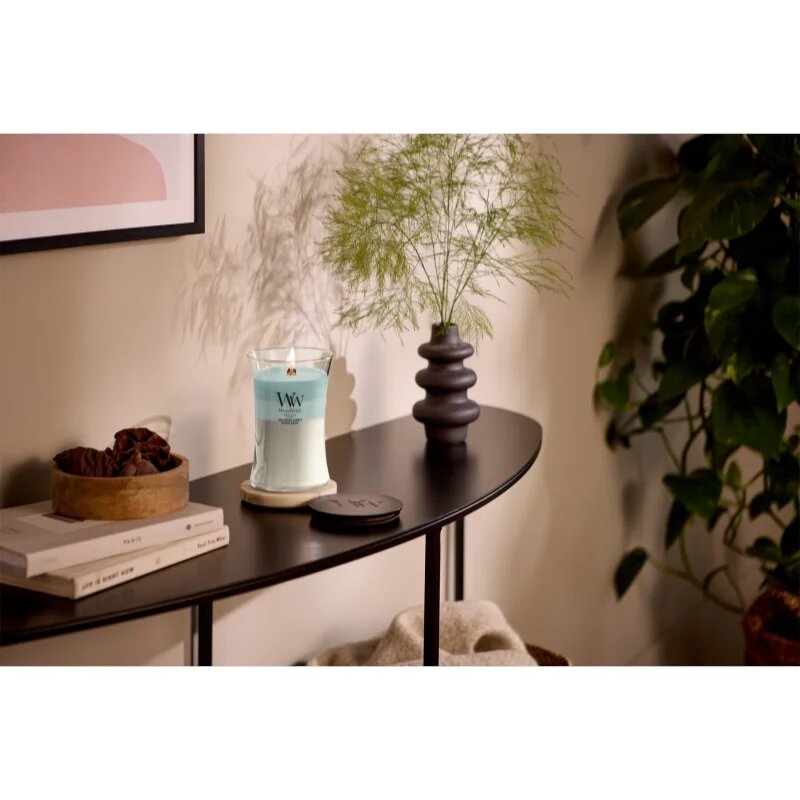 Woodwick Trilogy Driftwood Shores dišeča sveča z lesenim stenjem 610 g