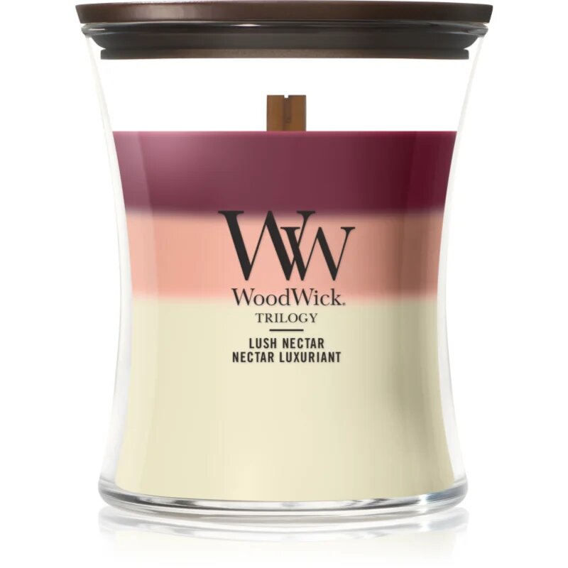 Woodwick Trilogy Lush Nectar dišeča sveča z lesenim stenjem 275 g