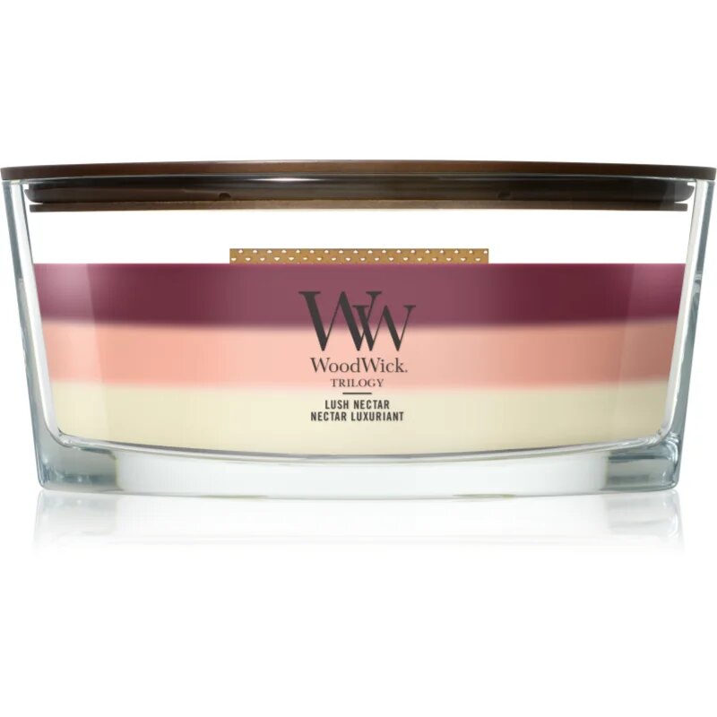 Woodwick Trilogy Lush Nectar dišeča sveča z lesenim stenjem 453.6 g