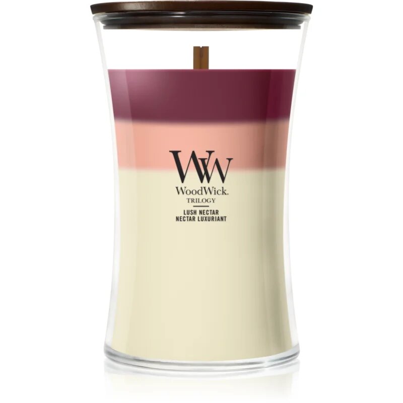 Woodwick Trilogy Lush Nectar dišeča sveča z lesenim stenjem 610 g
