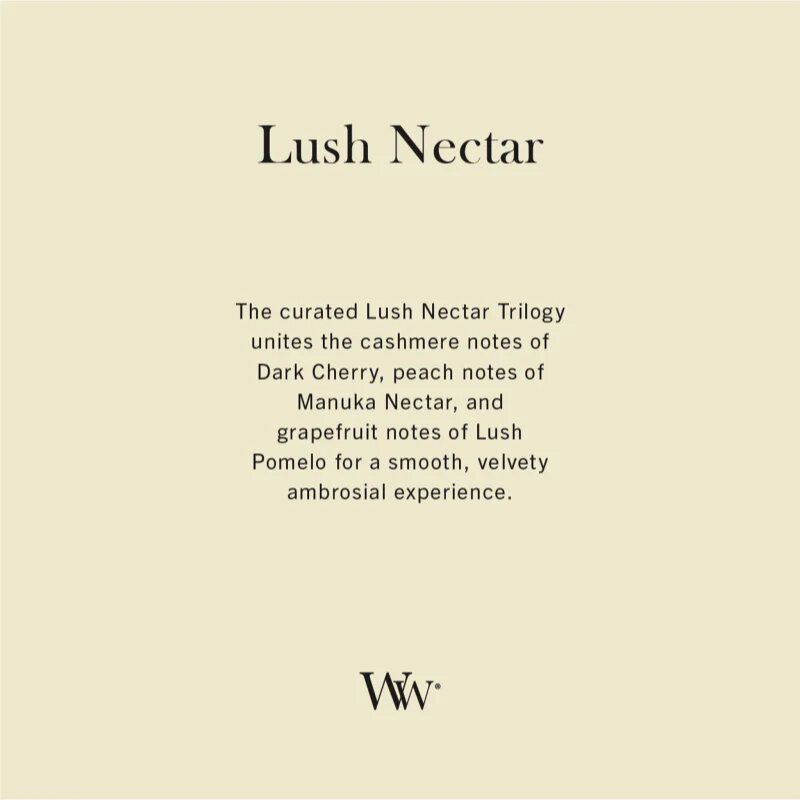Woodwick Trilogy Lush Nectar dišeča sveča z lesenim stenjem 610 g