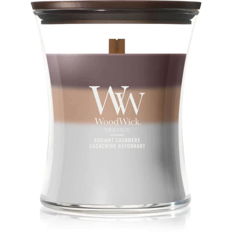 Woodwick Trilogy Radiant Cashmere dišeča sveča z lesenim stenjem 275 g