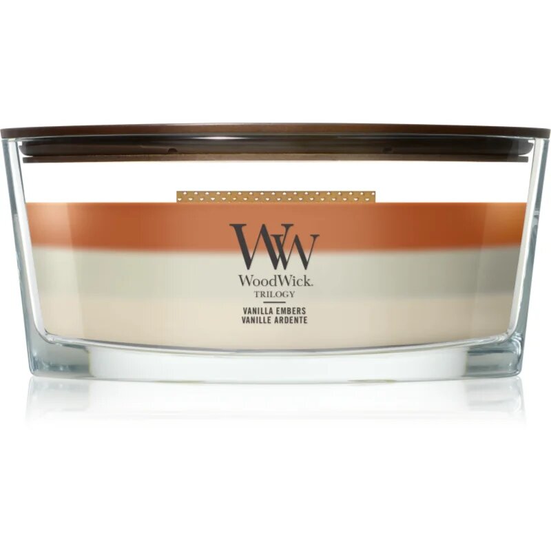 Woodwick Trilogy Vanilla Embers dišeča sveča z lesenim stenjem 453.6 g