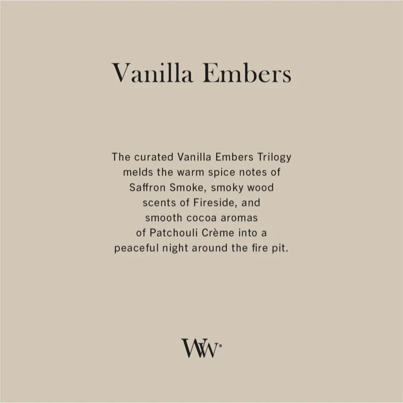 Woodwick Trilogy Vanilla Embers dišeča sveča z lesenim stenjem 453.6 g