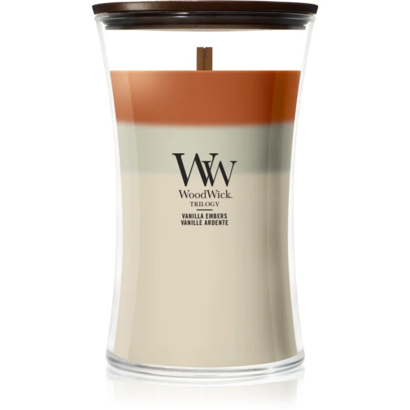 Woodwick Trilogy Vanilla Embers dišeča sveča z lesenim stenjem 610 g