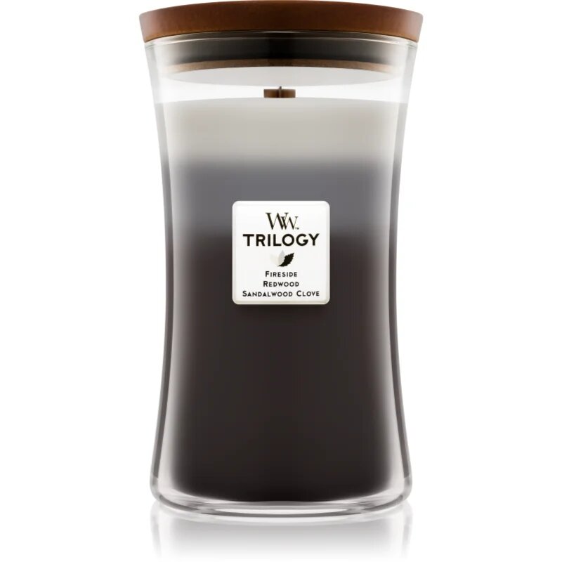 Woodwick Trilogy Warm Woods dišeča sveča z lesenim stenjem 609.5 g