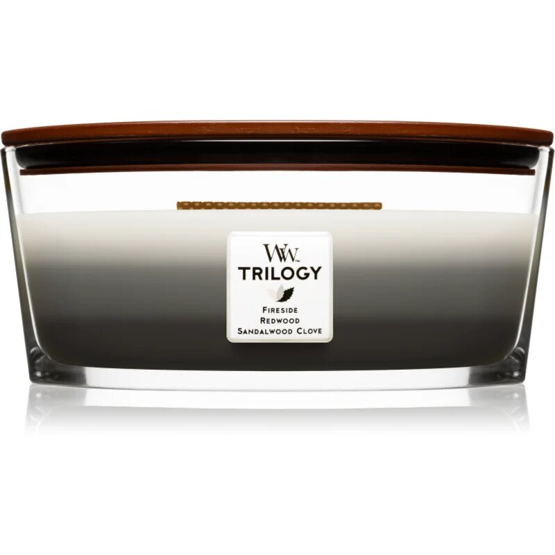 Woodwick Trilogy Warm Woods dišeča sveča z lesenim stenjem (hearthwick) 453.6 g