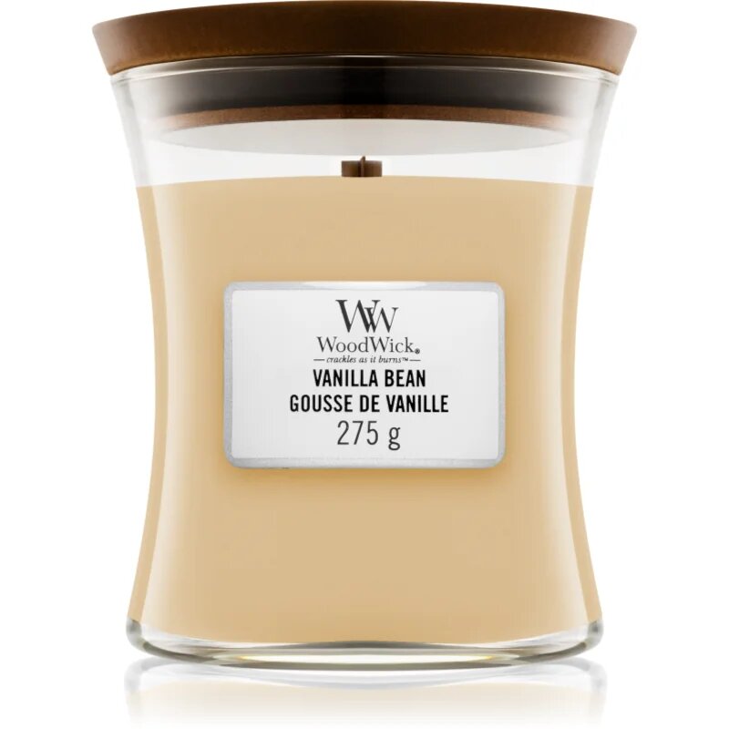 Woodwick Vanilla Bean dišeča sveča z lesenim stenjem 275 g