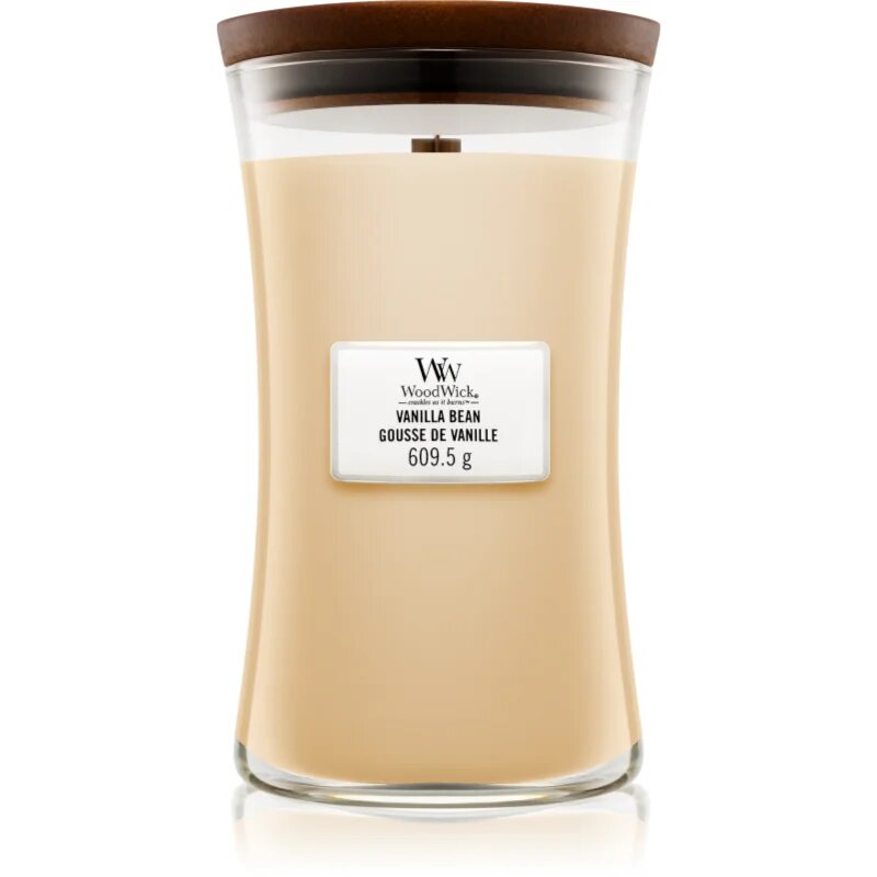 Woodwick Vanilla Bean dišeča sveča z lesenim stenjem 609.5 g
