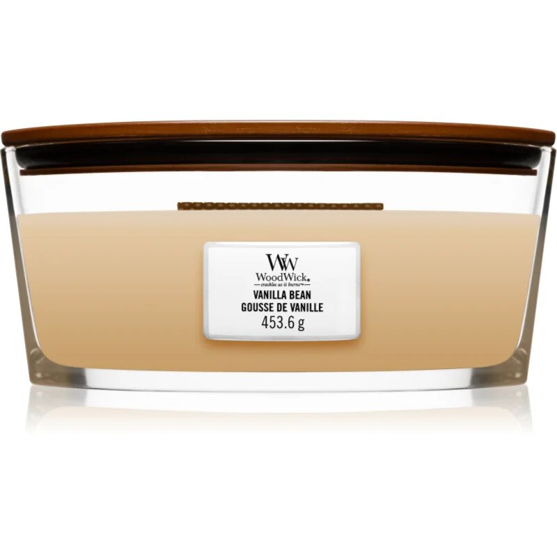 Woodwick Vanilla Bean dišeča sveča z lesenim stenjem (hearthwick) 453.6 g