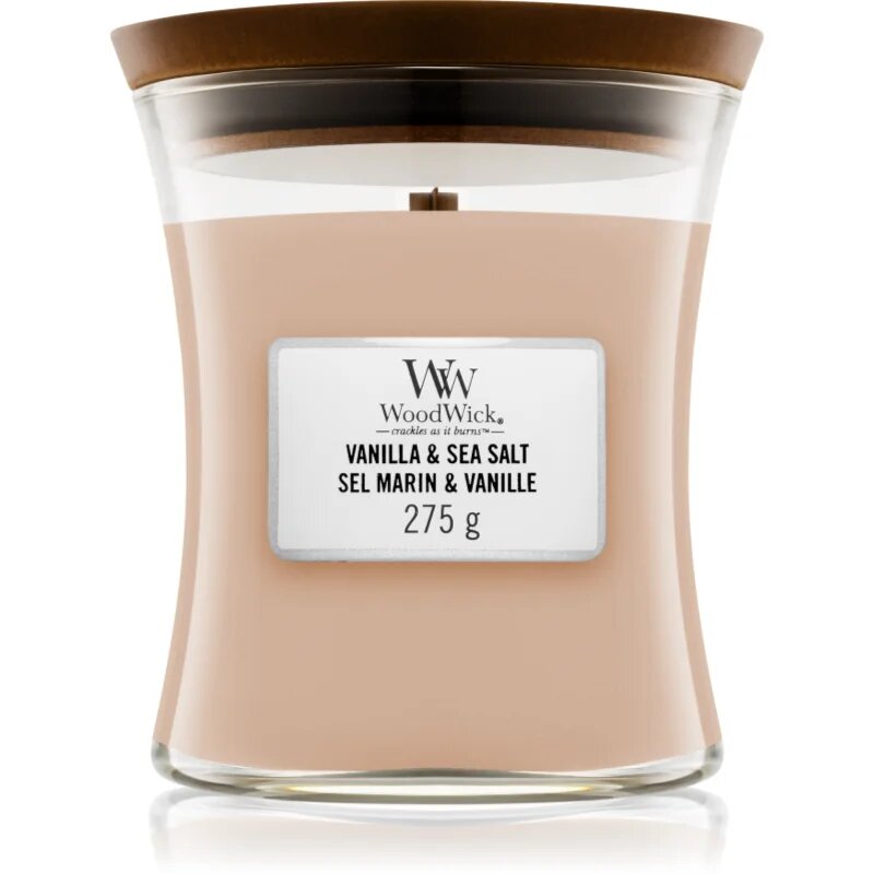 Woodwick Vanilla & Sea Salt dišeča sveča z lesenim stenjem 275 g