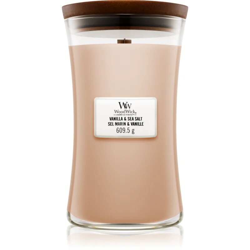 Woodwick Vanilla & Sea Salt dišeča sveča z lesenim stenjem 609.5 g