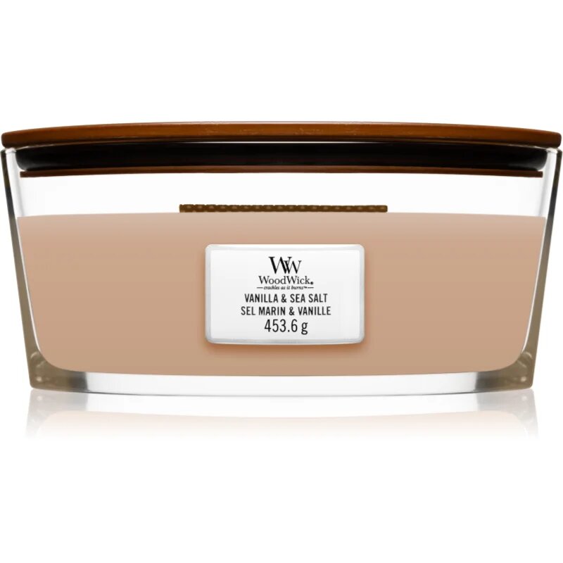 Woodwick Vanilla & Sea Salt dišeča sveča z lesenim stenjem (hearthwick) 453.6 g