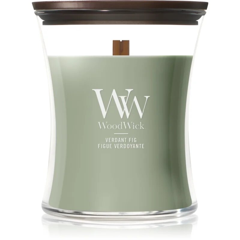 Woodwick Verdant Fig dišeča sveča z lesenim stenjem 275 g
