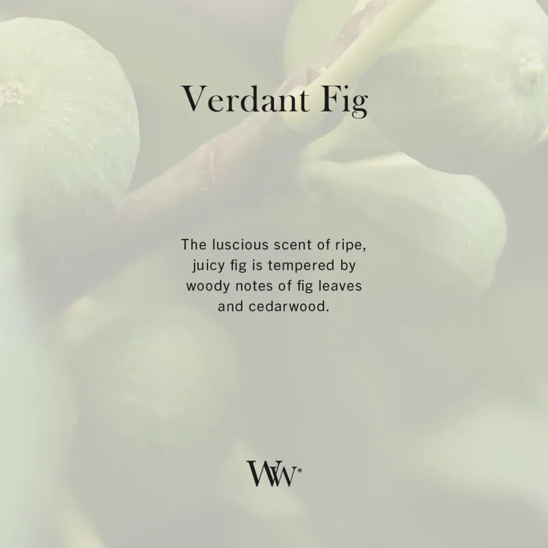 Woodwick Verdant Fig dišeča sveča z lesenim stenjem 275 g