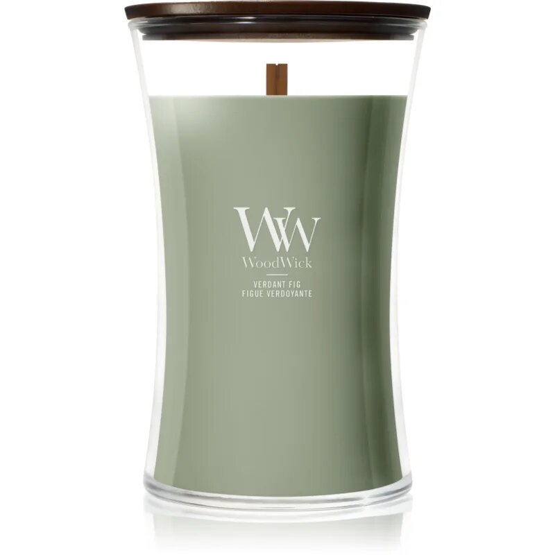 Woodwick Verdant Fig dišeča sveča z lesenim stenjem 610 g