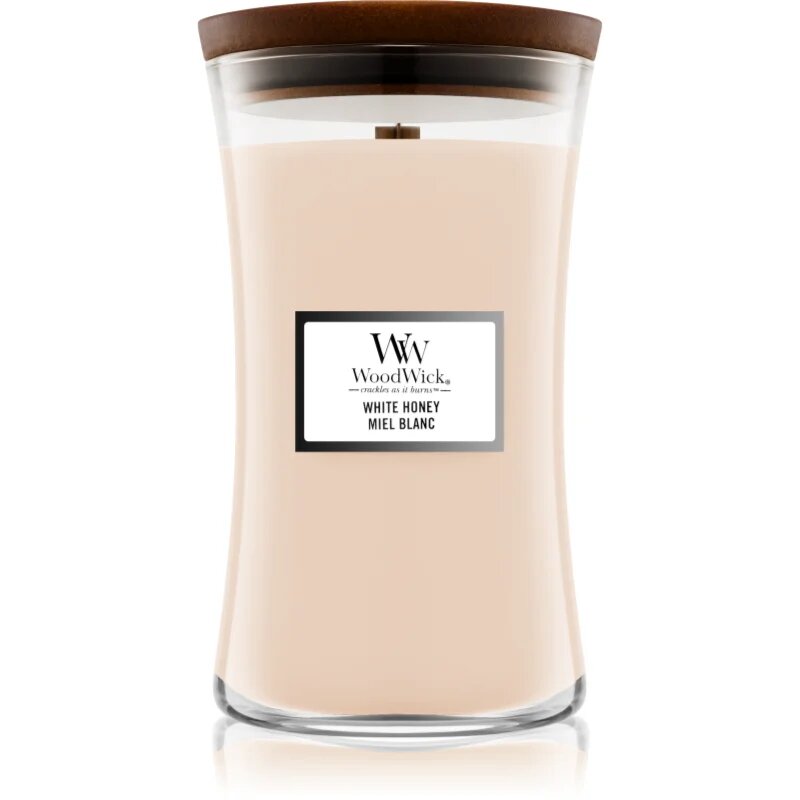 Woodwick White Honey dišeča sveča z lesenim stenjem 609.5 g