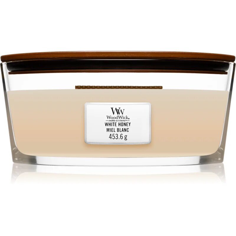 Woodwick White Honey dišeča sveča z lesenim stenjem (hearthwick) 453 g
