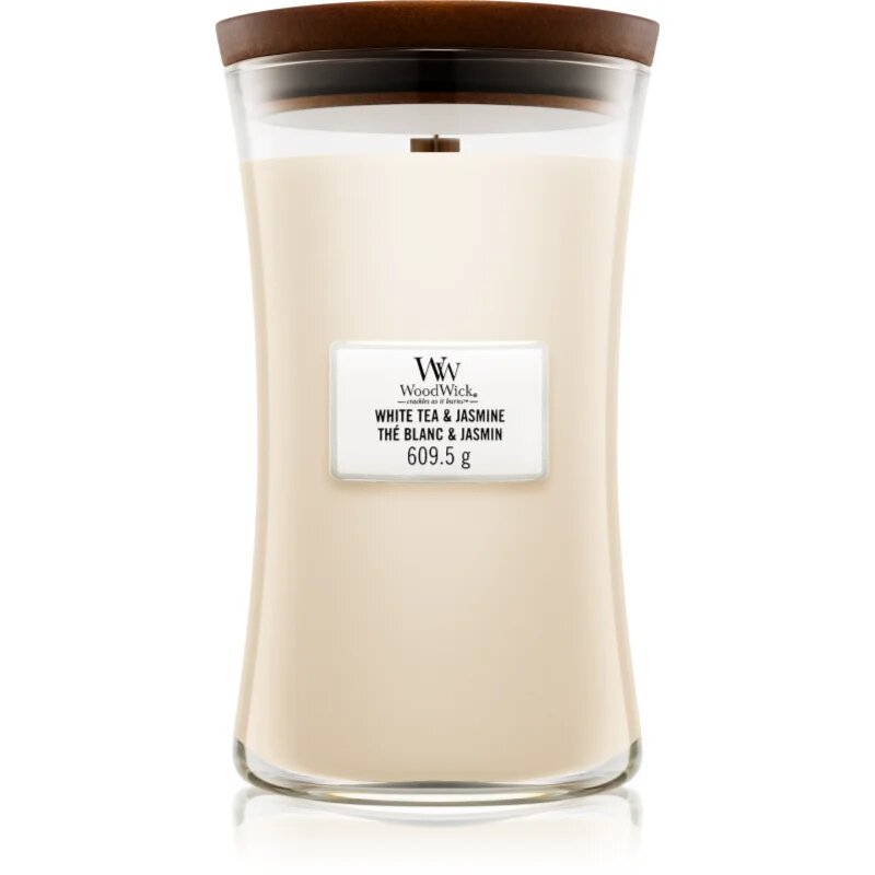 Woodwick White Tea & Jasmine dišeča sveča z lesenim stenjem 609.5 g