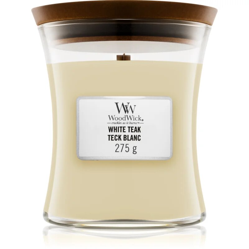 Woodwick White Teak dišeča sveča z lesenim stenjem 275 g