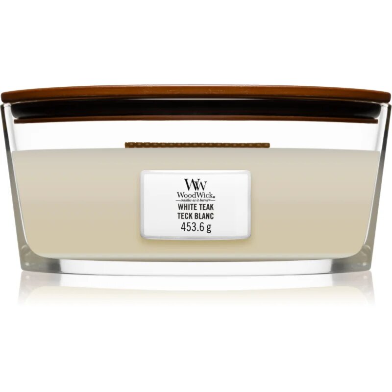 Woodwick White Teak dišeča sveča z lesenim stenjem (hearthwick) 453.6 g
