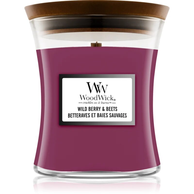Woodwick Wild Berry & Beets dišeča sveča z lesenim stenjem 275 g