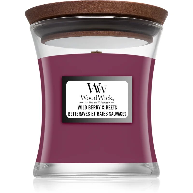 Woodwick Wild Berry & Beets dišeča sveča z lesenim stenjem 85 g