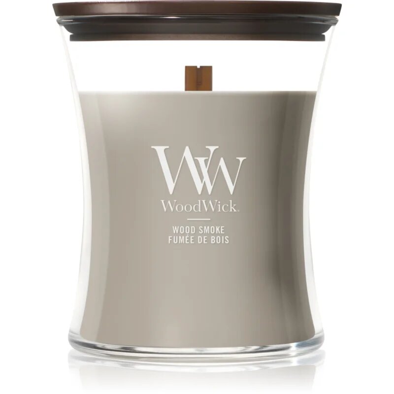 Woodwick Wood Smoke dišeča sveča z lesenim stenjem 275 g