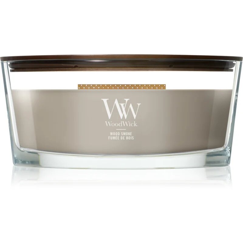 Woodwick Wood Smoke dišeča sveča z lesenim stenjem 453.6 g