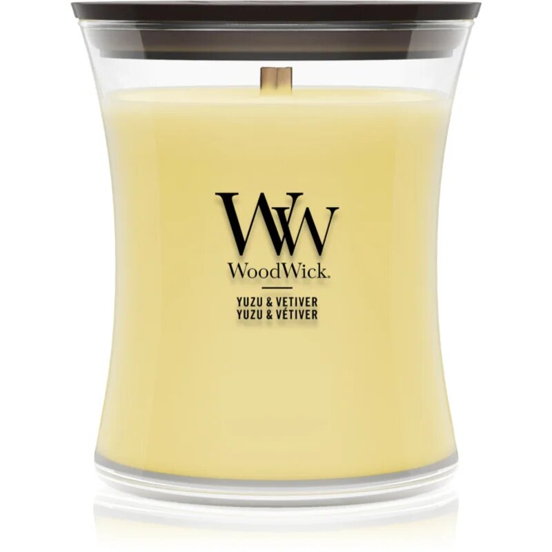 Woodwick Yuzu & Vetiver dišeča sveča z lesenim stenjem 275 g