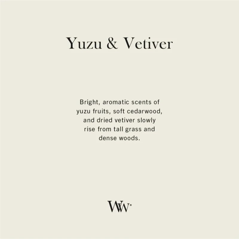 Woodwick Yuzu & Vetiver dišeča sveča z lesenim stenjem 275 g