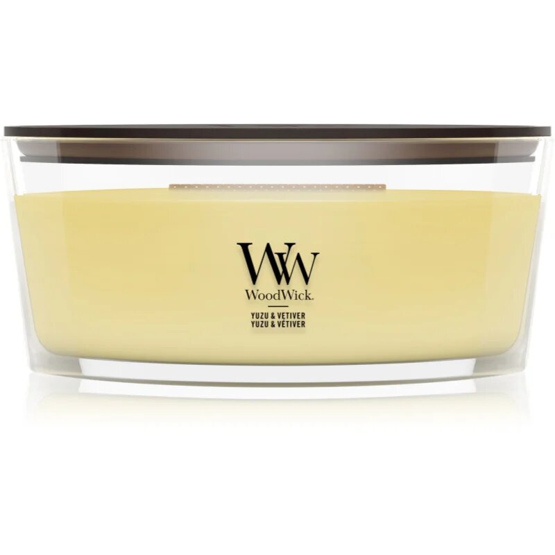 Woodwick Yuzu & Vetiver dišeča sveča z lesenim stenjem 453.6 g