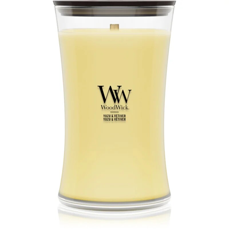Woodwick Yuzu & Vetiver dišeča sveča z lesenim stenjem 610 g